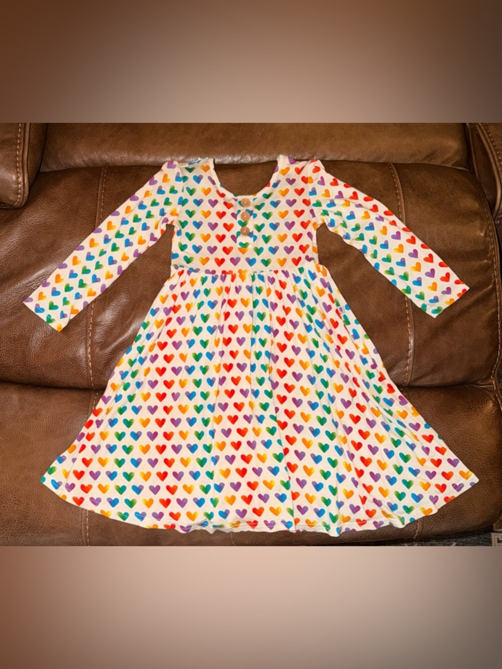 Girls' Long-Sleeve Heart Print Twirl Dress - White Rainbow Hearts